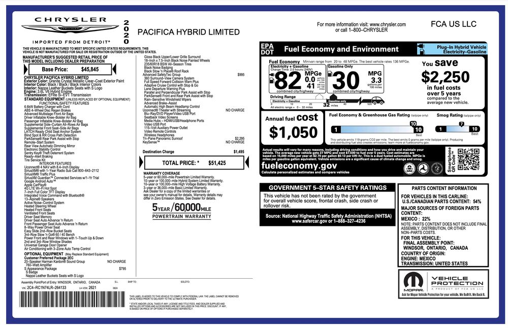 2020 CHRYSLER PACIFICA HYBRID LIMITED